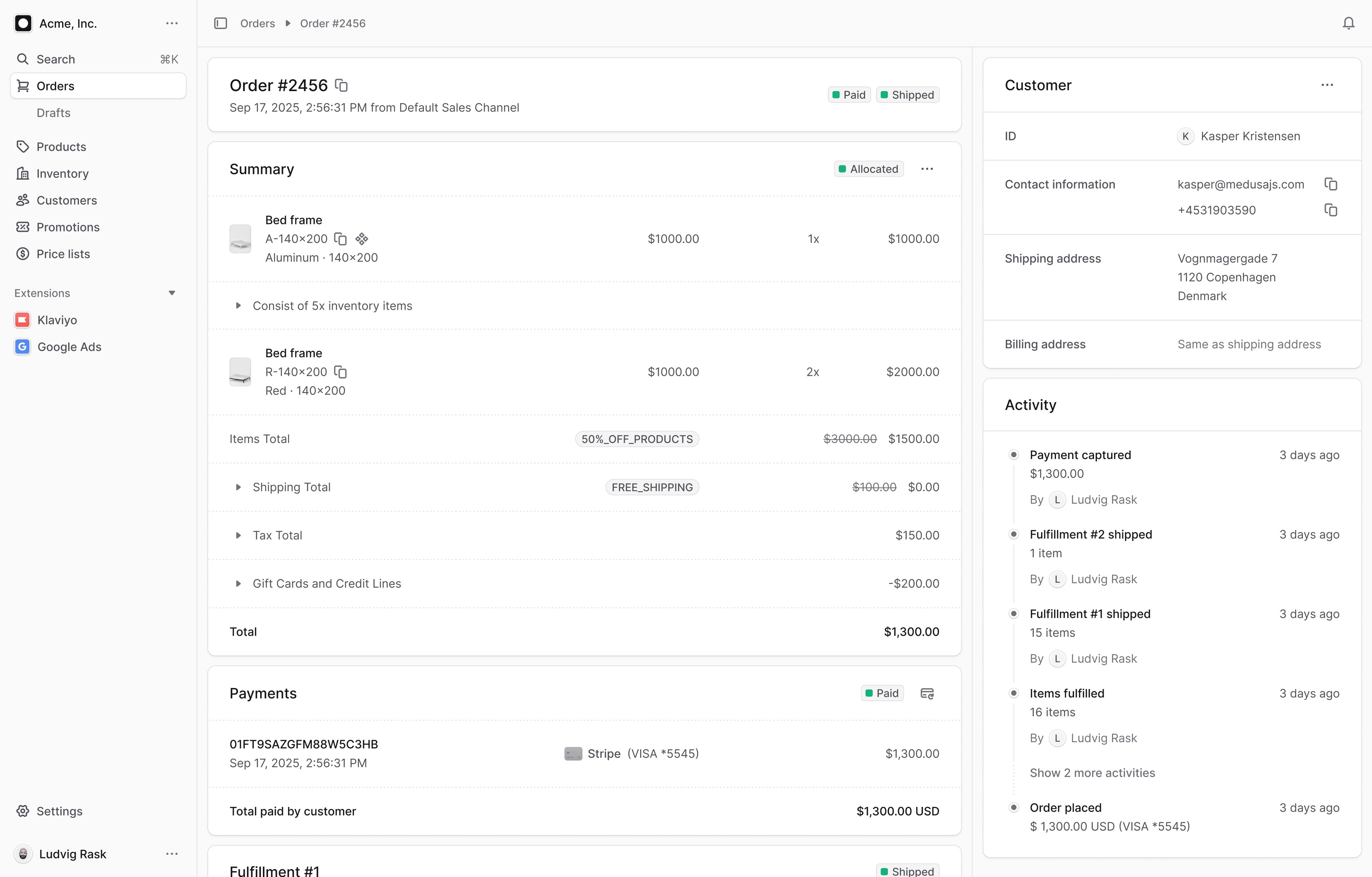 Panel de administración con el detalle de un pedido pagado y despachado
